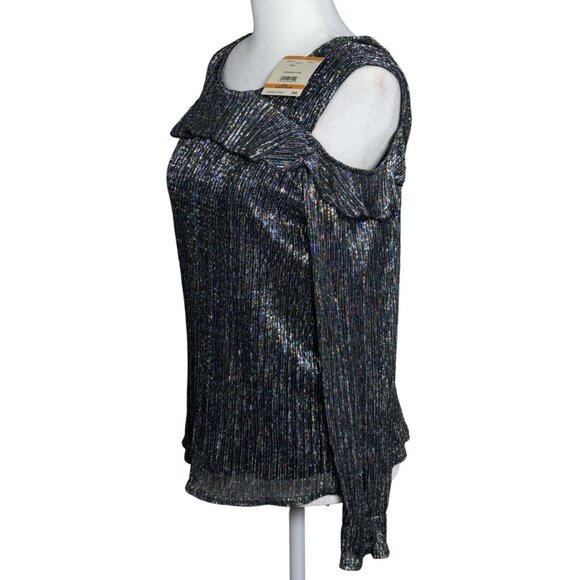 NEW Anne Klein Size S Metallic Black & Silver Cold-Shoulder Top Sleeve Ruffle - Picture 4 of 13